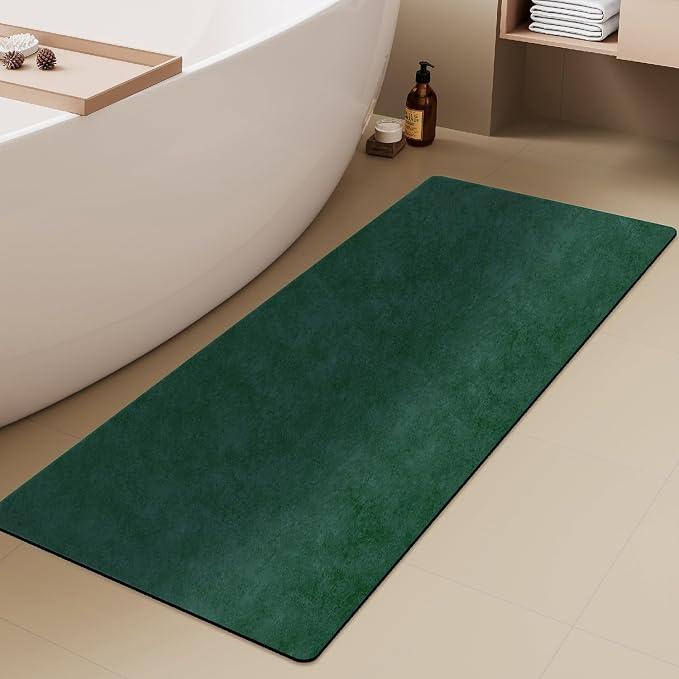 TYUU Bathroom Mat Quick Dry, Bathroom Rugs Non Slip Washable Thin Absorbent Bath Mat Fits Under Door Bathroom Floor Mat Perfect for Bath, Shower, or Sink 24"x60" Dark Green