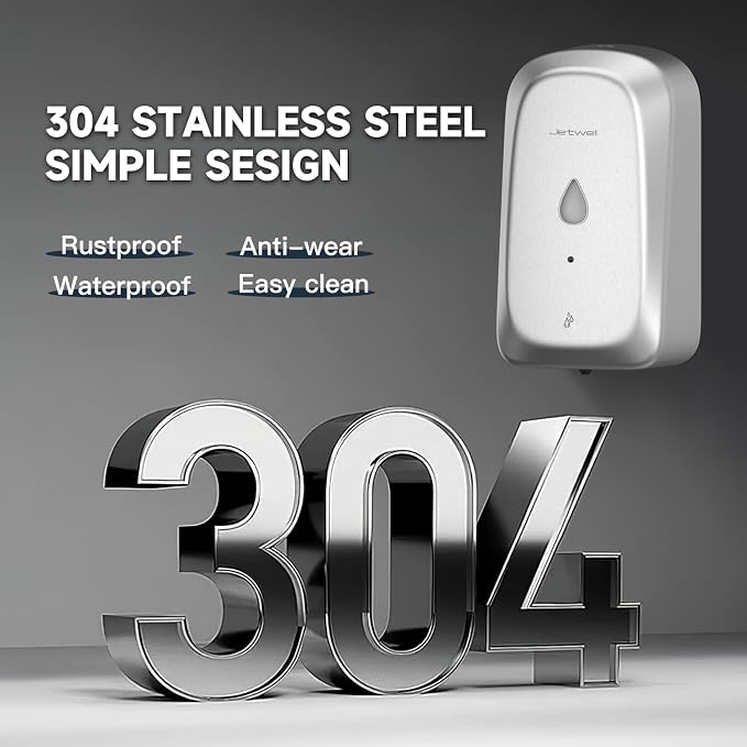 JETWELL Automatic Touch-Less Wall Mount Hand Soap Dispenser Liquid Drop Battery Operated, Brushed Stainless Steel Cover Large Capacity 34OZ/1000ML for Kitchen Home Commercial Bathroom | Brushed Cover, Large Capacity, Battery Powered, Liquid Soap, Comme...