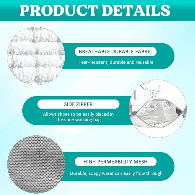Shoe Washing Machine Bag 2 Pack, 360°Deep Clean Durable Shoes Laundry Bag for Washer and Dryer, Reusable Shoe Cleaner Bags, Sneaker Washing Machine Bag, White