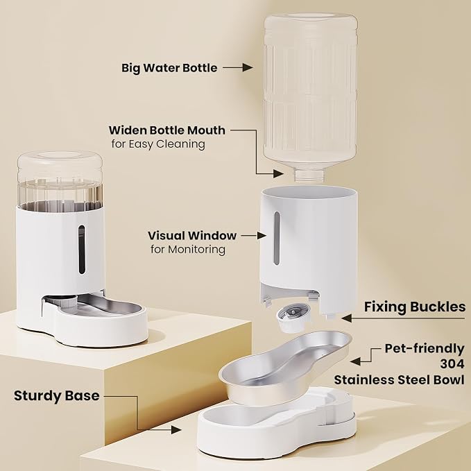 CZPET Dog Water Bowl Dispenser 7L, Wider Mouth Gravity Refilling (White) | With Stainless Steel Bowl Gravity Waterer, Large Capacity and Drinking Area Noise-Free for Pets