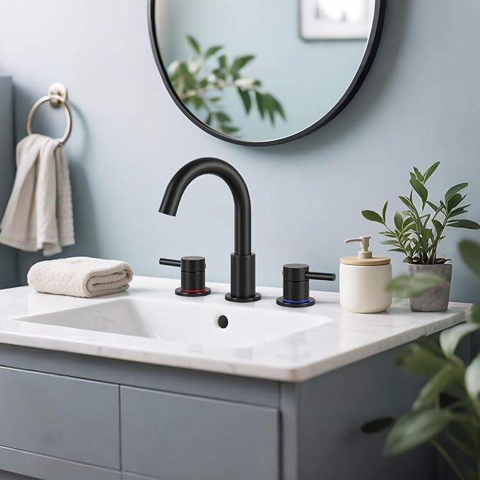 Bathroom Faucet 3 Hole, Matte Black Bathroom Sink Faucet with Pop Up Drain, 8 Inch Widespread Bathroom Faucet with 360° Swivel Spout, 2 Handle Vanity Faucet with Water Supply Hoses (2 Pack)