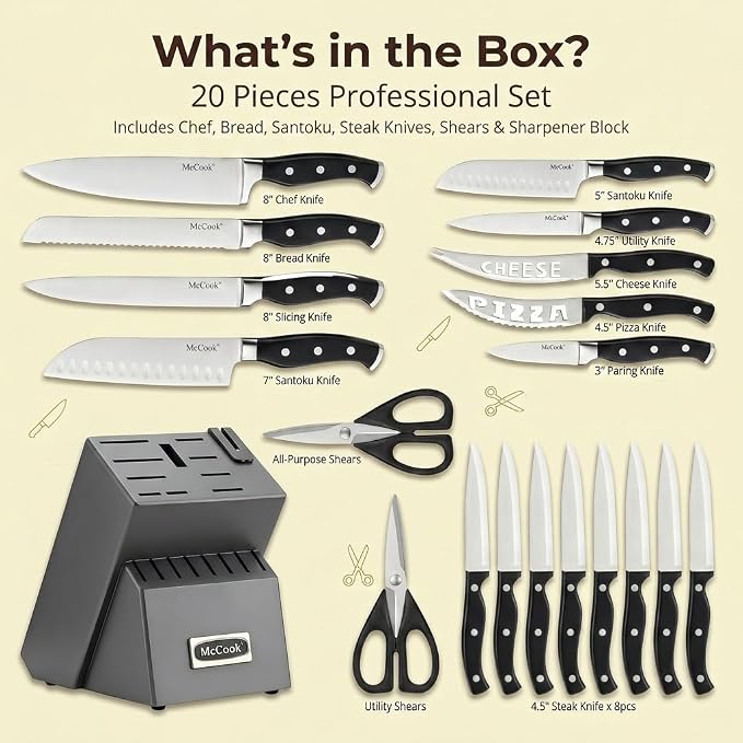 McCook Knife Set Sharp Kitchen Knife Block Set w Built-in Sharpener | German Forged Stainless Steel,20 PC,Anti-Rust,Triple Rivet,Restaurant Grade,Ergonomic Handle,Full Tang,Gift Box
