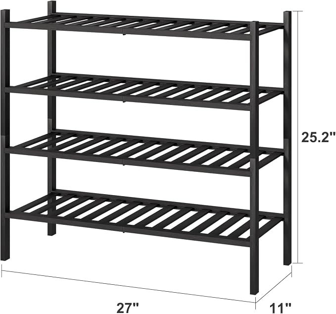 viewcare 4-Tier Black Bamboo Shoe Rack for Entryway, Stackable | Foldable | Natural, Shoe Organizer for Hallway Closet, Free Standing Shoe Racks for Indoor Outdoor