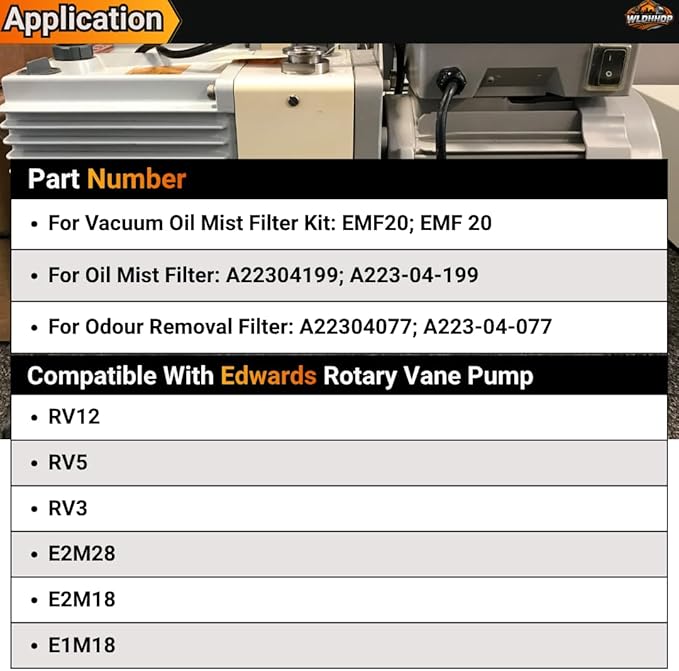EMF20 Vacuum Oil Mist Filter Kit Fit for Edwards E2M28 E2M18 E1M18 RV12 RV5 RV3 Rotary Vane Pump A22304199 Oil Mist Element A22304077 Odour Element