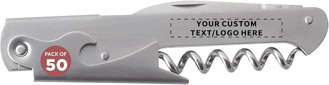 50 Valencia Stainless Steel Wine Bottle Openers Set - Customizable Text, Logo - Corkscrew, Serrated knife, Perfect for Bars - Silver