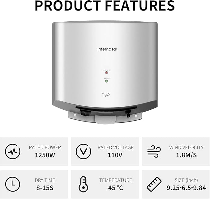 interhasa! Commercial Hand Dryer 110V Electric Hand Dryer for Bathroom with Hot n Cold Air,Electric Air Dryer 3-Pin Plug in
