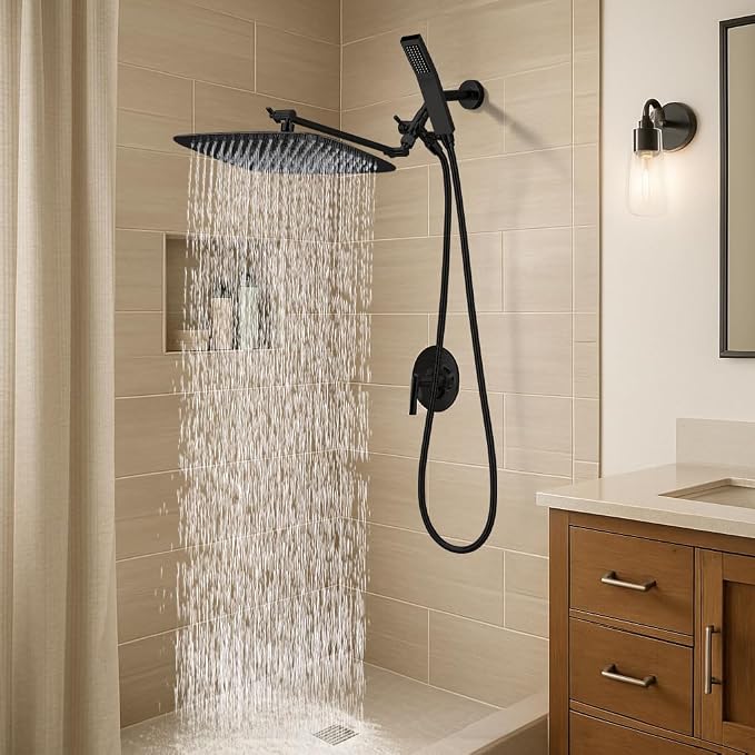 G-Promise All Metal 16 Inch Dual Square Shower Head with Handheld Spray Combo, Rain Shower Head, Adjustable Extension Arm, 3-Way Diverter, 71 Inch Extra Long Hose - A Bathroom Upgrade (Matte Black)