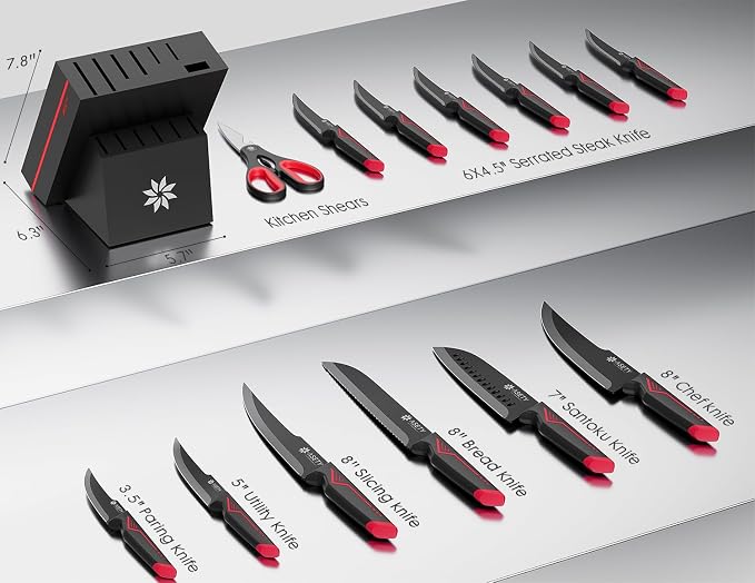 ASETY Knife Set with Block, 15 PCS Kitchen knife Set, Dishwasher Safe, Red | Razor Sharp Knives, Wood Knife Block with Built-In Sharpener, Stainless Steel, Ergonomic Handle, Elegant Box for Men Women