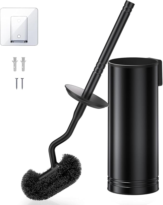 HAMITOR Toilet Brush and Holder Set: Stainless Steel Heavy Duty Bowl Cleaner Brush - Deep Cleaning Under Rim Curved Bristle - Space Saving Wall-Mounted for Home RV Bathroom Accessories Black 1 Pack
