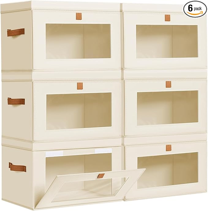 DIMJ Storage Bins with Lids - 6 Pack Fabric Closet Organizer with Window & Handles, Collapsible Decorative Storage Boxes for Shelves Under Bed, Books Clothes Blankets Sweaters Organization