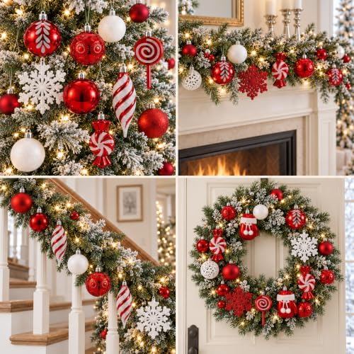 130 Pcs Red & White Christmas Ball Ornaments, Shatterproof | Assorted Christmas Tree Decorations with Matte, Glitter and Shiny Finishes, Hanging Loops for Wreaths and Garlands