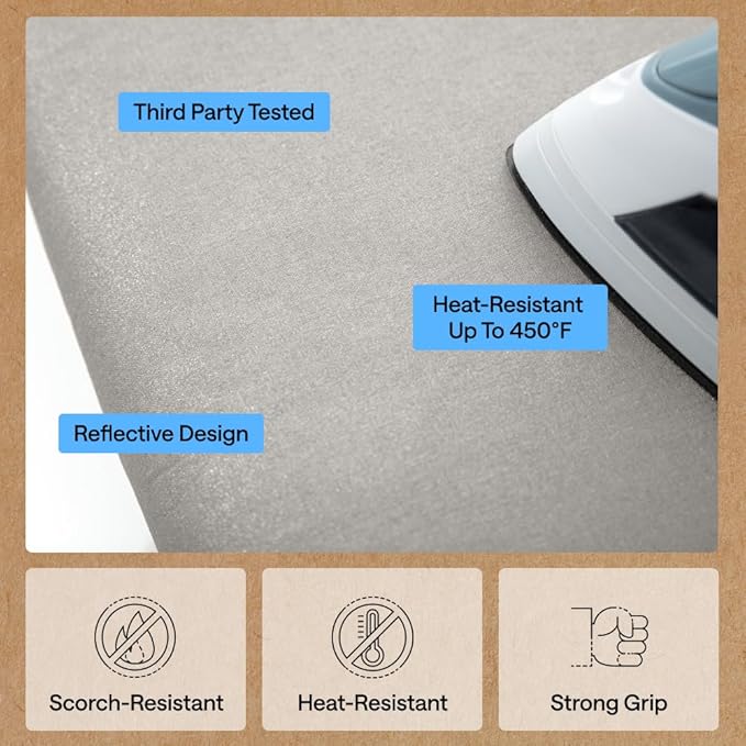 GORILLA GRIP The Original Ironing Board Cover and Pad, Silicone Coating, 400°F Scorch Resistant Thick Padding, Heavy Duty Iron Covers Standard Boards, Hook and Loop Fastener Strap, Silver 13x43