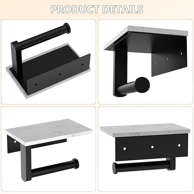 Marble Toilet Paper Holder with Shelf, Evolvegoods Matte Black Bathroom Toilet Paper Holder Wall Mount, 304 Stainless Steel Modern Toilet Paper Roll Holder Storage Tissue Holder