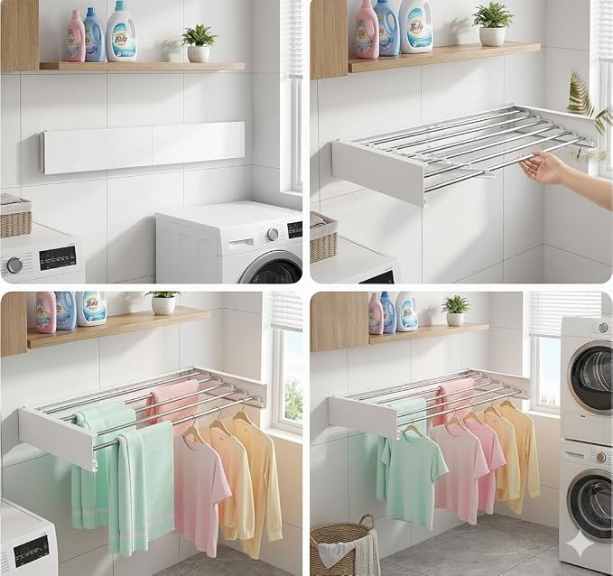Wall Mounted Clothes Drying Rack 31.5" Foldable, 60 lb for Laundry & Apt | Carbon Steel & Stainless Steel, 60 lb, Rust-Resistant, Fits Brick/Wood, Folds 3" Deep, for Apt, RV, Laundry