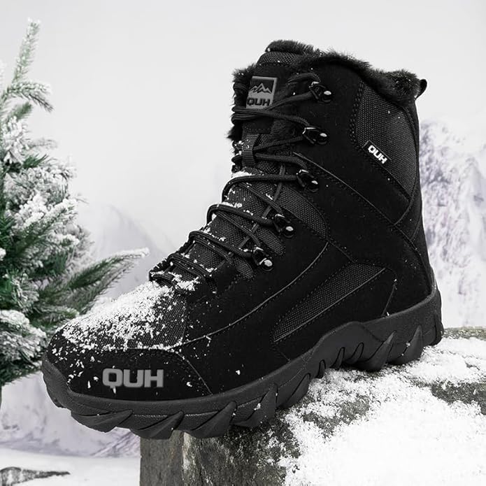 QUH Winter Snow Boots Waterproof Military Training Fur Lined Anti Slip Warm Boots Thickened Cotton Walking Ankle Boots For Man