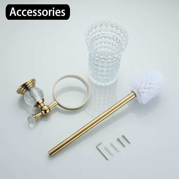 WOLIBEER Crystal Toilet Brush Holder, Polished Gold Brush Handle with Replaceable Brush Head, Stainless Steel Bathroom Cleaning Set Wall Mounted