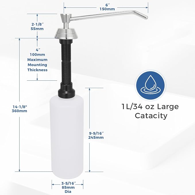 Stardrix Heavy Duty Brass Countertop Liquid Soap Dispenser, Commercial Grade Top Fill Built-in Soap Dispenser with 34 oz/ 1L Bottle for Bathroom, Kitchen, Public Restroom, Chrome Finish, 6” Spout