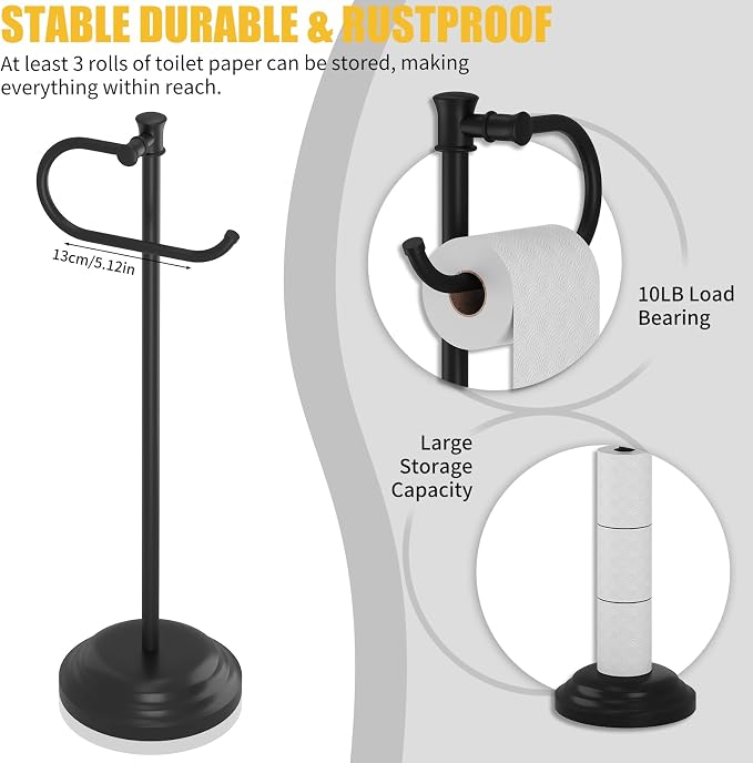 BESy Toilet Paper Holder Free Standing Bathroom Toilet Tissue Holder Stand for Floor Toilet Paper Roll Holder with Storage Hardware Accessories Rack Hand Towel Bar Matte Black Stainless Steel