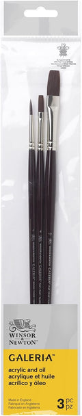Winsor & Newton Galeria Acrylic Brush Pack, Long Handle, 3 Pack, #1, Black, 4, 4, 12