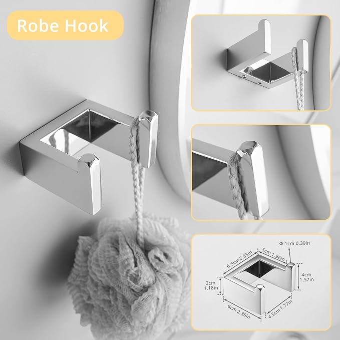 Fapully 23.6-Inch 6 Piece Bathroom Hardware Accessories Set Stainless Steel Wall Mounted Chrome Include Towel Bar,Hand Towel Holder,Toilet Paper Holder,Robe Towel Hook,Coat Hook,Towel bar Set.