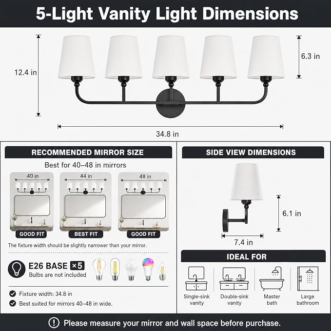 Bathroom Vanity Light, Matte Black Bathroom Light Fixtures, 5-Light Lighting Fixtures Over Mirror, Modern Wall Sconce with Flared White Fabric Shade, E26 Socket(ETL Listed)
