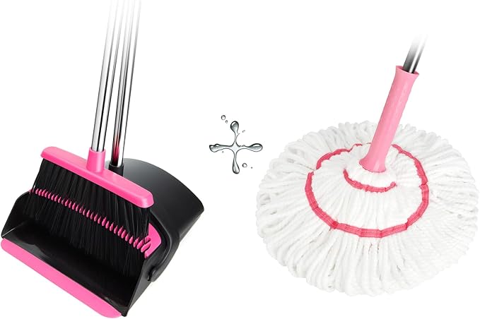 Broom and Dustpan Set+Self-Wringing Twist Mop for Floor Cleaning, 57” Long Handle Heavy Duty Microfiber Mop for Wet Mopping on Tile, Hardwood, Kitchen, Bathroom, Patio, Garage