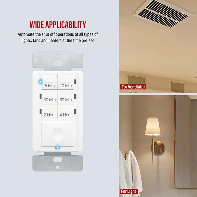 ENERLITES 4-Hour Countdown Timer Switch, 5-10-30-60 Min, 2-4 Hour, for Bathroom Fans, Lights, 120VAC Neutral Wire Required, UL Listed, HET06-W-2PCS, White, 2 Pack
