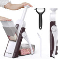 Safe Mandoline Slicer for Kitchen, Safe Vegetable Chopper with Paring Knife, Adjustable Thickness, Easy to Clean, Vegetable Slicer, Slicing, Strips, Shredding, Dicing, Chop (Brown)
