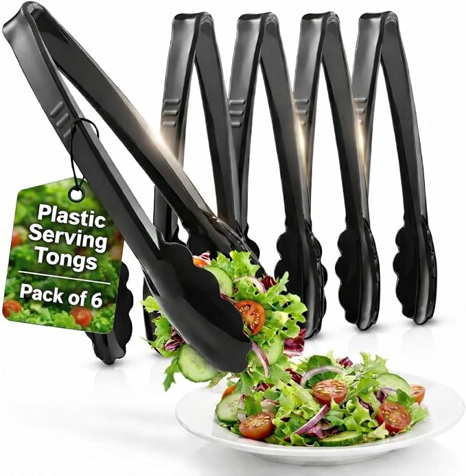 Plastic Tongs for Serving (Pack of 6) 9 Inch - Heavy-Duty Hard Plastic Reusable or Disposable Serving Tongs for Catering, Dinner Parties, Banquets, Buffets, Events, Weddings and Everyday Use, Black
