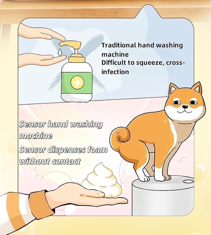 Touchless Foam Soap Dispenser, Black Shiba Inu Design, 300 mL | Touchless infrared foam dispensing with a refillable 300 mL tank
