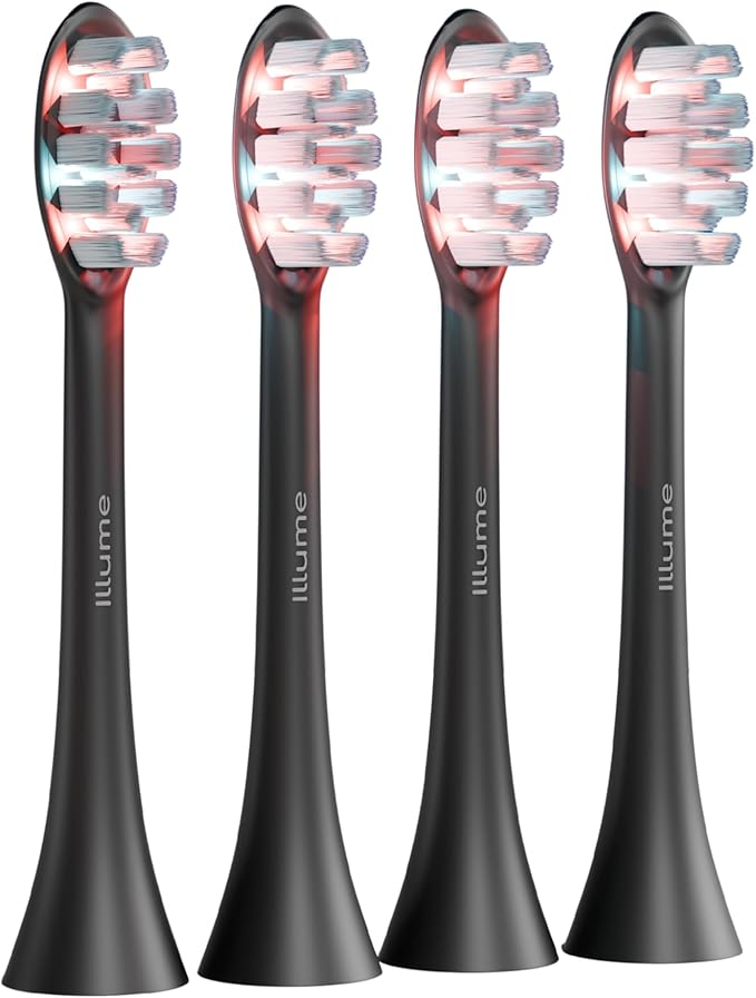 BioLight Illume Sonic Toothbrush Replacement Heads 4-Pack, Red & Blue LED Bristle Heads, Medical-Grade Soft Bristles, Snap-On Fit for Illume Sonic Toothbrush, BPA-Free - Black