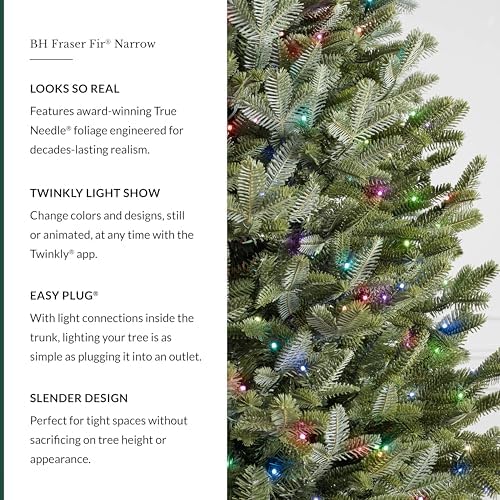 Balsam Hill BH Fraser Fir Narrow - Realistic Slim Christmas Tree with True Needle Foliage, Easy Plug Technology & Space-Saving Design, Twinkly, 7.5ft