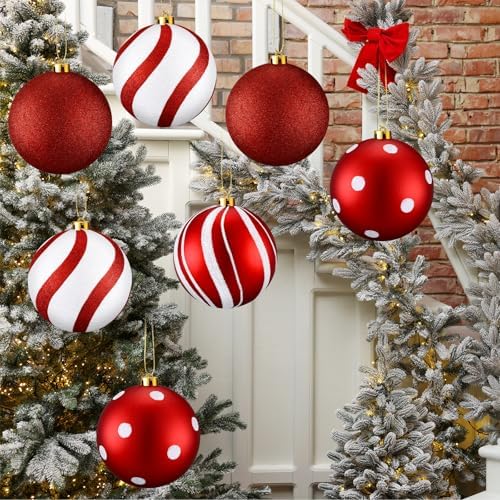 RoundFunny 8 Pcs 6 Inch Electroplated Christmas Ornaments, Red and White