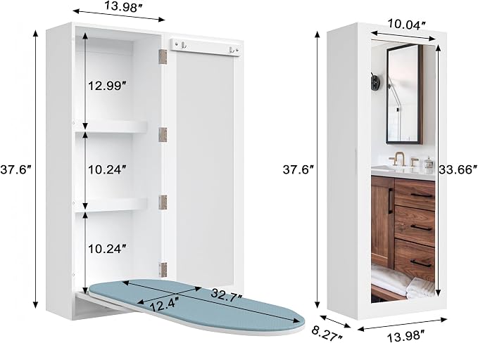 180° Swivel Wall Mount Ironing Board Cabinet with Storage,White | Mirrored Door|3-Tier Storage Shelves|15 Minutes to Installs|2 Clothes Hooks|Space-Saving