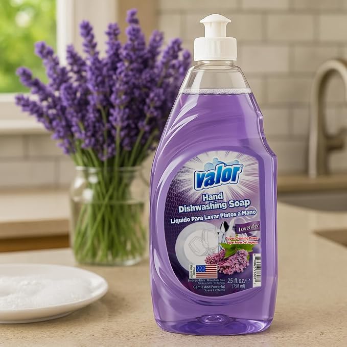 Valor Dishwashing Liquid, 25 fl oz – Dish Soap for Kitchen & Bathroom, Grease-Fighting, Gentle on Hands, Fast Rinse, Eco-Friendly Biodegradable Formula (25 fl oz (Pack of 1), Lavender)