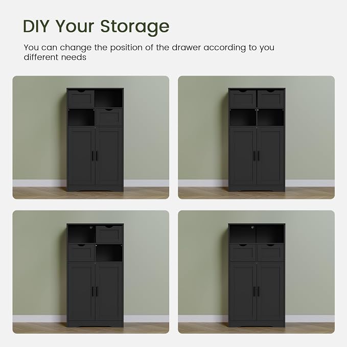 Iwell Storage Cabinet with Doors & Shelves, Kitchen Pantry Cabinet, Bathroom Cabinets for Living Room, Kitchen, Laundry, Black