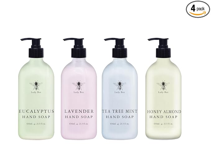 Home & Body Company Lady Bee Hand Soap Set, 4 Pack with Eucalyptus, Lavender, Tea Tree Mint, Honey Almond Scents, 21.5 fl oz Each with Pump Dispenser
