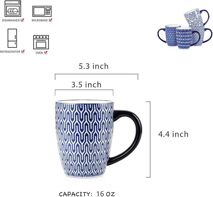 Selamica Ceramic Coffee Mugs Set of 4 with Handle, 16 OZ Large Coffee Cups for Cappuccino, Tea, Mocha, Cocoa, Dishwasher Microwave Safe, Vintage Blue