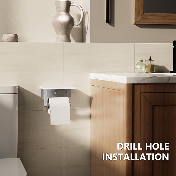 Marble Toilet Paper Holder with Shelf, Evolvegoods Brushed Nickel Bathroom Toilet Paper Holder Wall Mount, 304 Stainless Steel Modern Toilet Paper Roll Holder Storage Tissue Holder