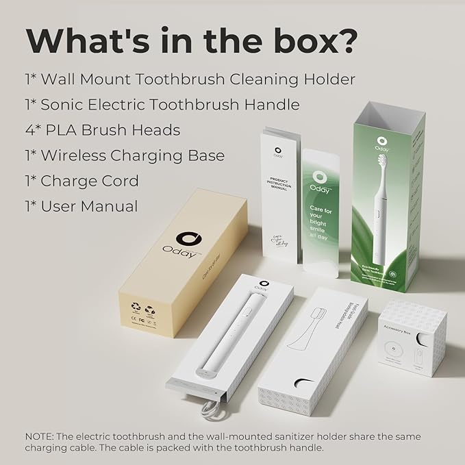 Oday Sonic Electric Toothbrush for Adults with Wall Mounted UV Toothbrush Cleaner Holder and 4 Brush Heads, Wireless Charging, IPX7 Waterproof, 1 Month+ Battery, White