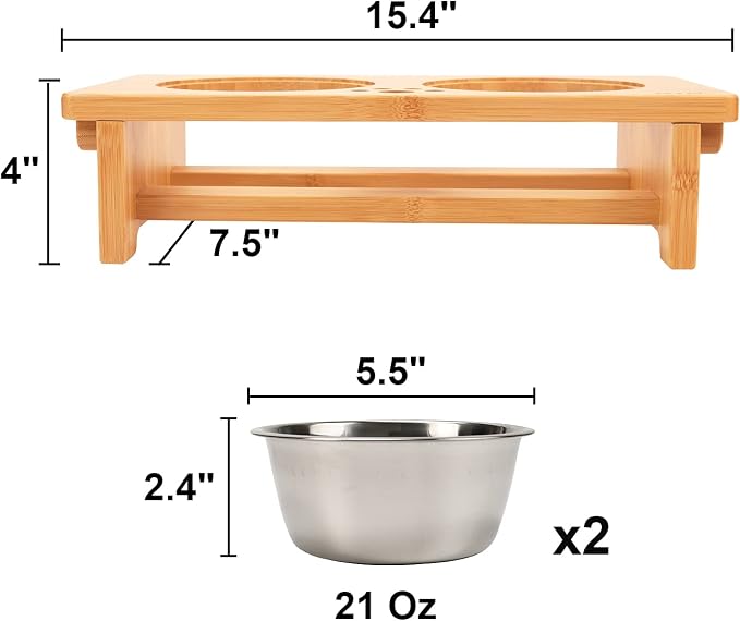 HTB Elevated Dog Bowl Stand with 2 Stainless Steel Bowls-4" H Small Bamboo | Raised Dog Bowl Stand, 4"tall, 21 Oz Bowls, for Small Sized Dogs, Pet-safe, Solid Bamboo