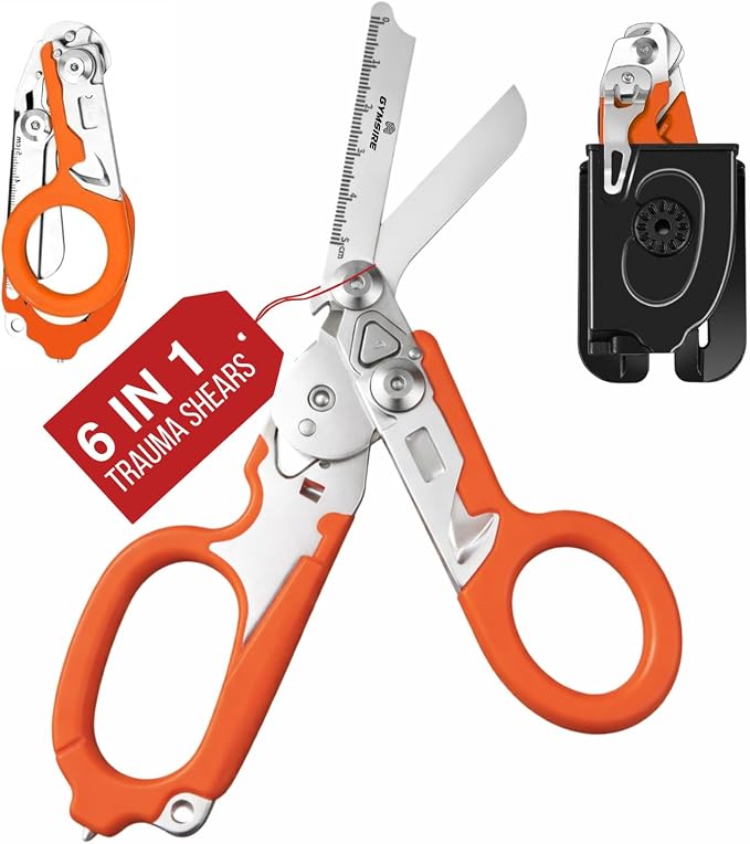 Heavy Duty 6 in 1 Multifunctional Trauma Shears Foldable | Stainless Steel emergency response scissors | Survival Shears with Holster | Medical Trauma shears Tactical With Strap Cutter | Orange