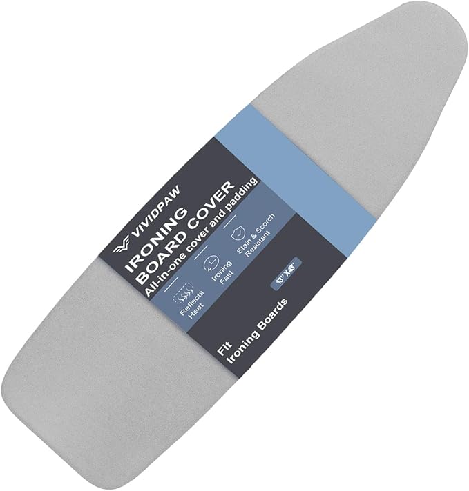 VividPaw Ironing Board Cover and Pad, Small Size 13x43, 12x42, Thick Padding, Elastic Edge, Silicone Coated, Adjustable Fastener, Heavy Duty Padded Iron Board Covers (Grey, 13" x 43")