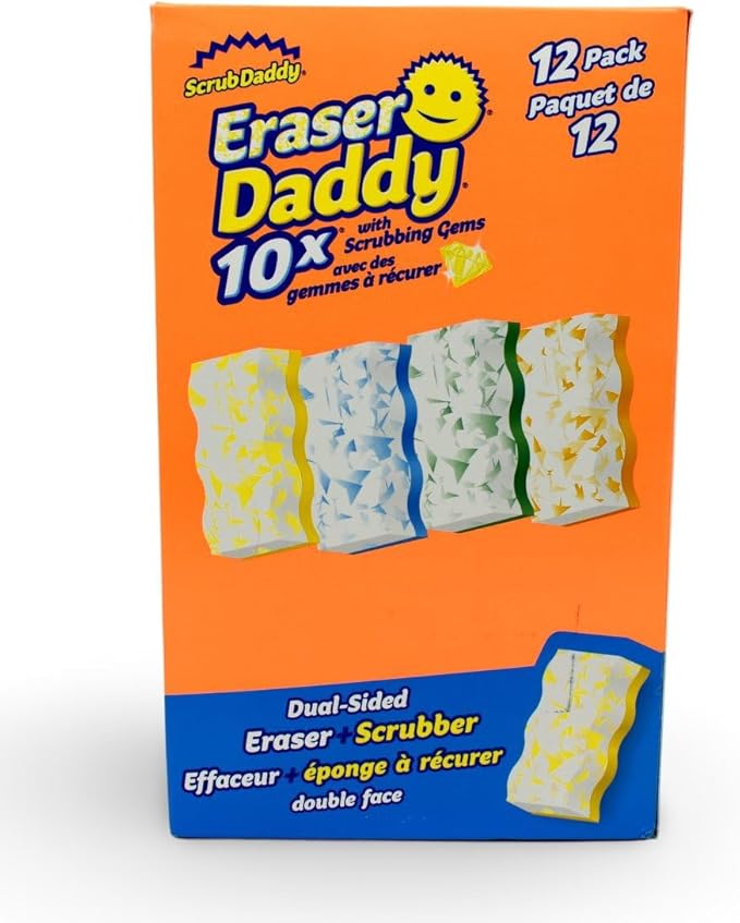 Scrub Daddy - Eraser Daddy with Scrubbing Gems Dual-Sided Scrubber and Eraser, Lasts 10x Longer Than Ordinary Melamine Erasers, Water Activated, Ergonomic, Pack of 12, Includes 4 Colors