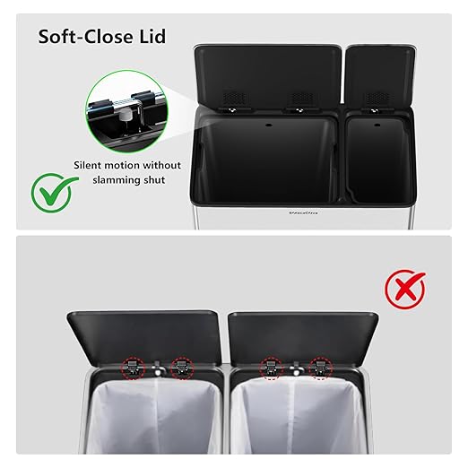 Dual Trash and Recycling Bins for Kitchen, 13+5.3 Gallon Stainless Steel Garbage and Recycle Bin Combo for Large Families, Soft Close Lid, Removable Liner Buckets, Silver
