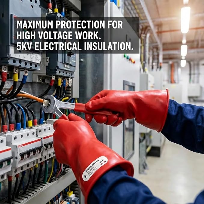 Electrical Insulated Gloves - 5KV Tested Rubber Safety Work Gloves for Electrician, Hybrid EV Car Repair & HVAC - Class 0 Level Protection (Max Use 1000V), Red