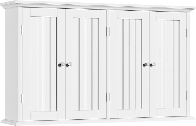 ChooChoo Bathroom Wall Cabinet with 4 Doors, Laundry Cabinet Wall Mounted, Medicine Cabinet with Adjustable Shelves, Hanging Kitchen Cupboard Organizer, White