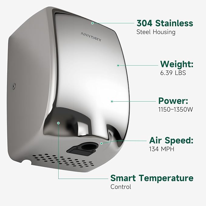 anydry Compact Hand Dryer, High-Speed 1350W Airflow, Polished Stainless Steel Finish, Space-Saving for Commercial & Home Use, Model AD2803Y
