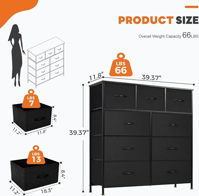 Sweetcrispy 9-Drawer Fabric Dresser Storage Tower with Wood Top and Steel Frame, Organizer Chest with Easy Pull Handles for Bedroom, Closet, Hallway,Classic Black