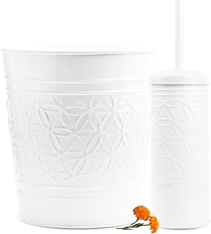 Autumn Alley White Farmhouse Bathroom Trash Can and Toilet Bowl Brush with Holder - White Bathroom Accessories Set for Charming Bathroom Décor
